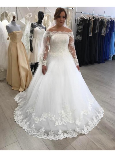 2024 White A Line Off Shoulder Lace Long Sleeves Plus Size Wedding Dresses