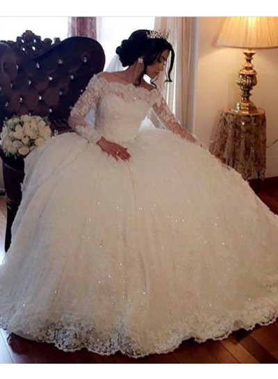 Long Sleeves Off Shoulder Lace Ball Gown Wedding Dresses 2024