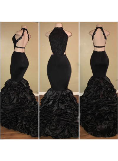 Sexy Black Backless Mermaid  Ruffles Tiered African Long Lace Prom Dresses 2022