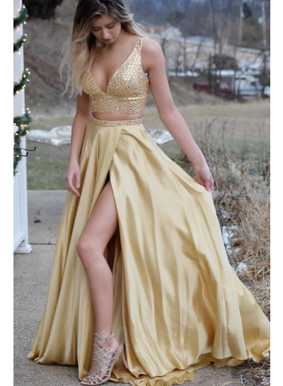 2022 Sexy A Line Gold Deep V Neck Side Slit Satin Two Pieces Prom Dresses