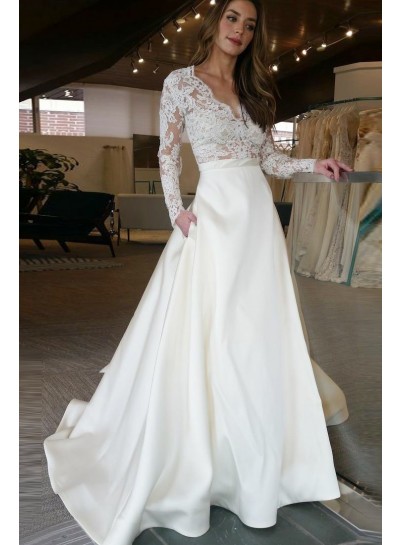 2024 Elegant Satin A Line Ivory V Neck Long Sleeves Wedding Dresses