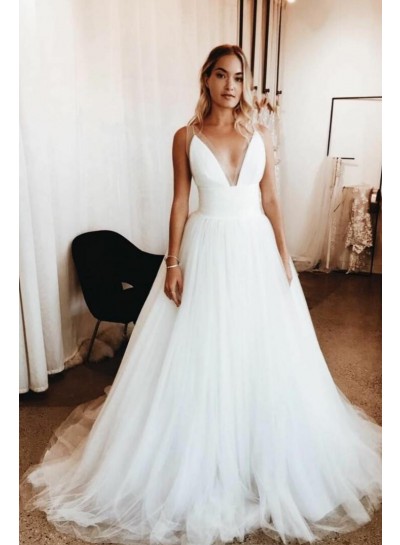 Elegant A Line Deep V Neck Ivory Tulle Long 2024 Wedding Dresses