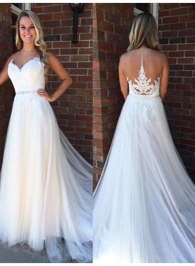 2024 A Line Tulle Sweetheart Long Wedding Dresses With Applique