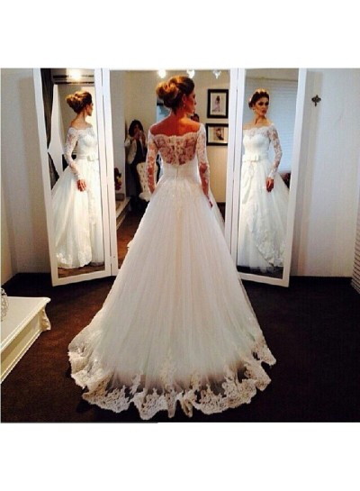 Elegant A Line Long Sleeves Off Shoulder Lace Bowknot 2024 Wedding Dresses