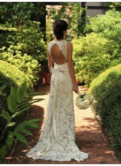 2024 Elegant Backless Sheath Sweetheart Bowknot Lace Wedding Dresses