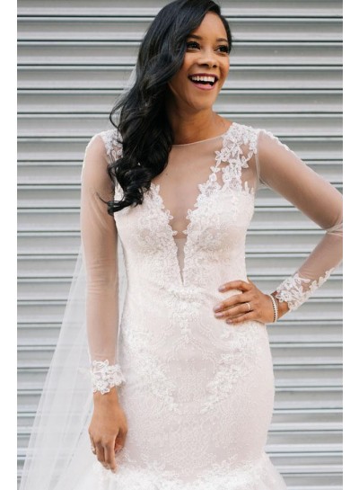Sexy Mermaid  Long Sleeves Lace Ruffles Pleated Wedding Dresses 2024
