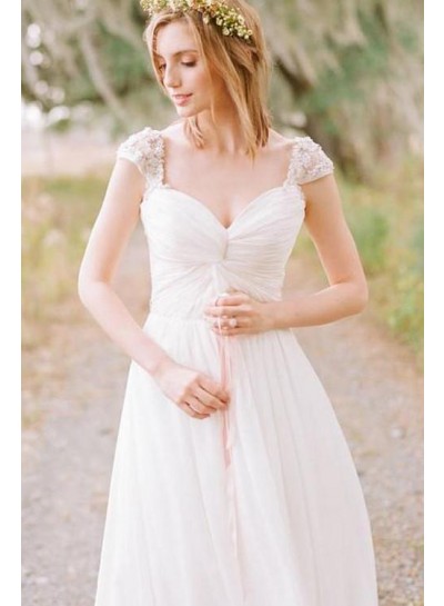 2023 Chiffon Sweetheart Capped Sleeves Beaded A Line Beach Wedding Dresses