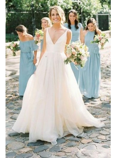 Amazing A Line Chiffon V Neck Backless Long Outdoor Wedding Dresses 2024