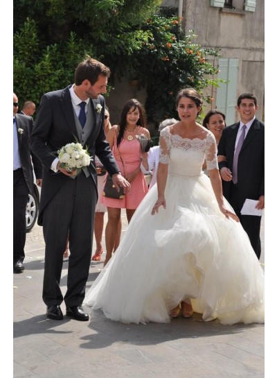 2024 Elegant A Line Tulle Off Shoulder Lace Wedding Dresses With Short Sleeves 