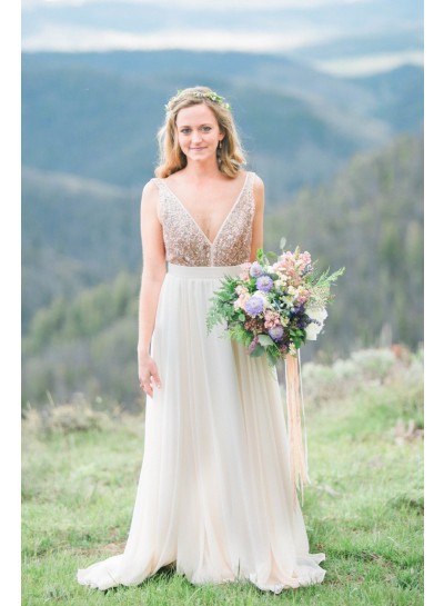 2024 Elegant A Line Deep V Neck Chiffon Ivory Sequence Long Outdoor Wedding Dresses