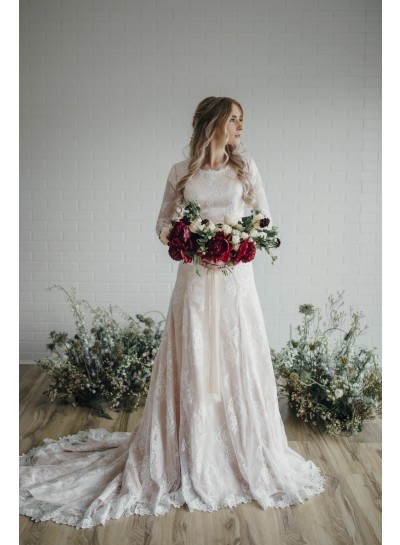 2022 Elegant A Line Long Sleeves Lace Long Round Neck Wedding Dresses