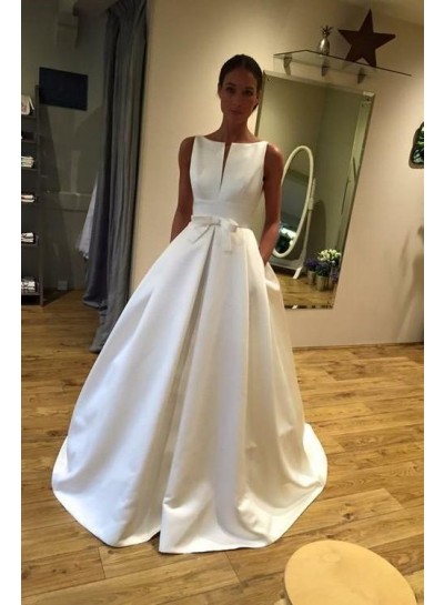 A Line Classic Satin Bateau Bowknot Long Wedding Dresses 2024