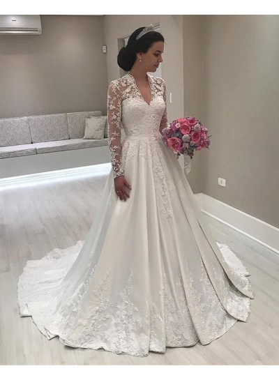 2024 A Line Classic Satin Long Sleeves V Neck Lace Long Wedding Dresses