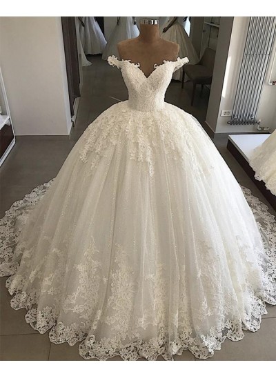 Luxury Sweetheart Off Shoulder Long Lace Ball Gown Lace Up Back Wedding Dresses 2022