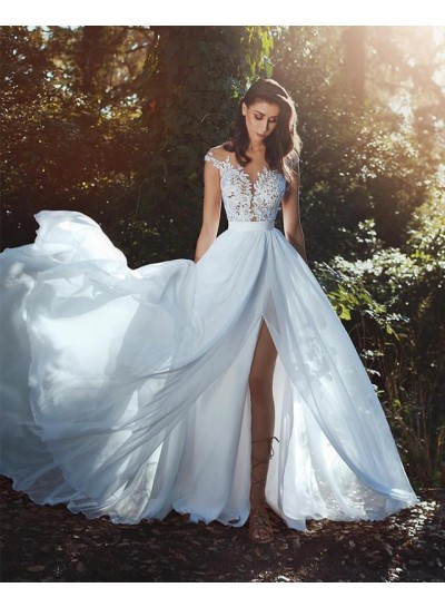 2022 New Arrival A Line Chiffon Side Slit Capped Sleeves Beach Wedding Dresses