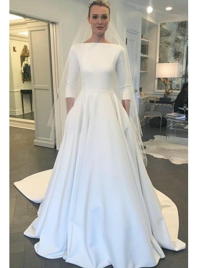 Elegant A Line Long Sleeves Satin Long Simple 2024 Wedding Dresses