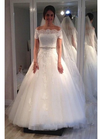 Elegant Off Shoulder Lace Tulle A Line 2024 Wedding Dresses With Short Sleeves