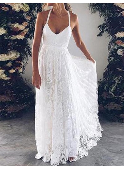 Cheap A Line Halter Sweetheart Lace Backless Beach Wedding Dresses 2022