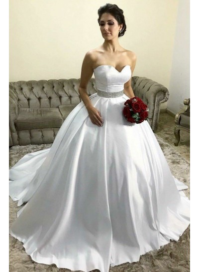 Classic Sweetheart Satin White Beaded Belt Ball Gown Princess Wedding Dresses 2024