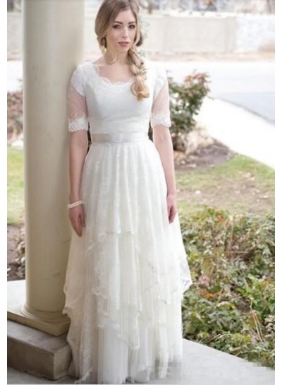 2024 Classic A Line Round Neck Half Sleeves Lace Layered Lace Up Back Beach Wedding Dresses