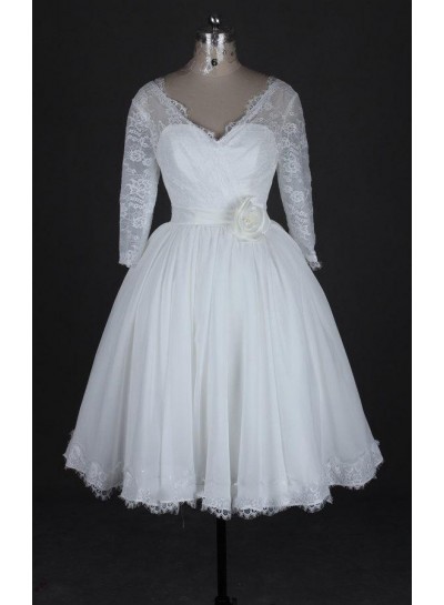 2024 A Line Chiffon V Neck Knee Length Lace Long Sleeves Short Wedding Dresses