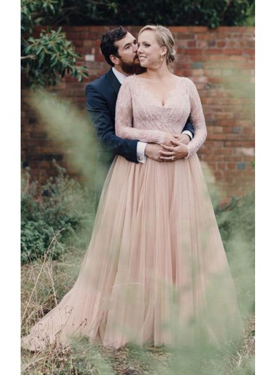 2022 New Arrival A Line V Neck Lace Pink Long Sleeves Tulle Plus Size Wedding Dresses