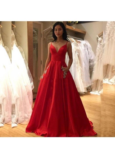 2022 New Arrival A Line Red Satin Sweetheart Spaghetti Straps Backless Long Prom Dresses With Pockets