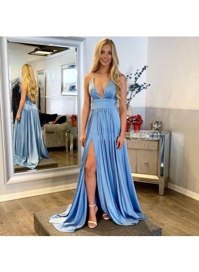 2022 Cheap Elastic Satin A Line Sweetheart Side Slit Long Blue Prom Dresses