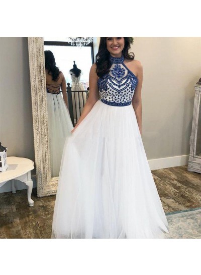 2022 Elegant A Line Lace Up Back White High Neck Tulle Embroidery Prom Dresses