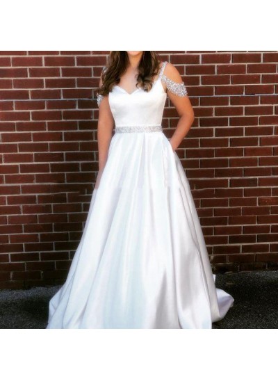 Elegant 2022 A Line Satin Off Shoulder Sweetheart Beaded Satin White Prom Dresses