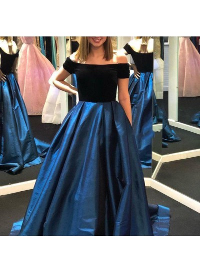 2022 New Arrival A Line Off Shoulder Satin Black And Navy Blue Long Prom Dresses