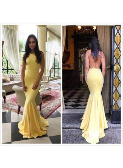 Sexy Mermaid  Satin Light Yellow Backless Long Prom Dresses 2024