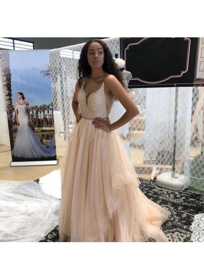 2022 New Arrival A Line Pleated Tulle Sweetheart Beaded Peach Long Prom Dresses