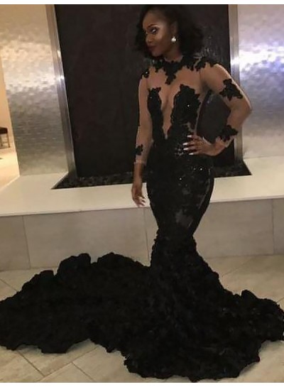 Sexy Black Mermaid  See Through Long Train Long Sleeves Ruffles Prom Dresses 2022