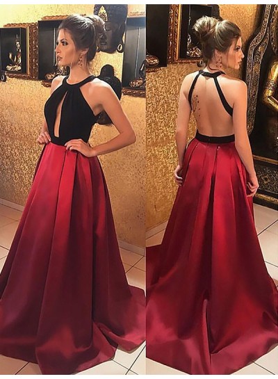 Cheap Red And Black Satin Halter Key Hole Backless Long 2022 Prom Dresses