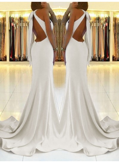 2022 Charming White Sheath Side Slit Lace Up Back Backless Halter Prom Dresses