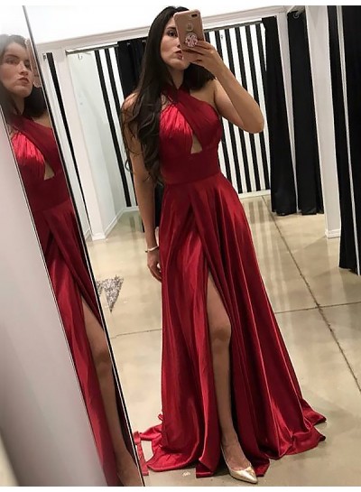 2022 Charming A Line Red Elastic Satin Side Slit Halter Backless Long Prom Dresses