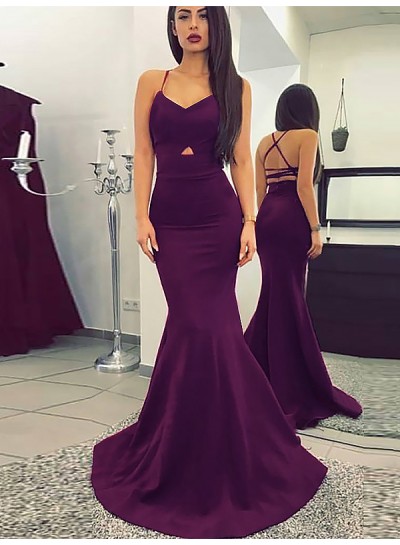 2024 Sexy Mermaid  Grape Sweetheart Criss Cross Satin Backless Long Prom Dresses