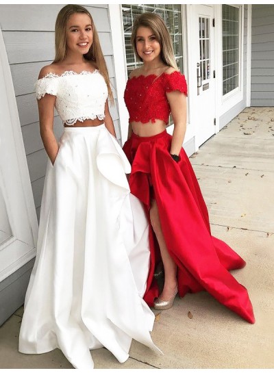 2022 New Arrival A Line Satin Red And White Off Shoulder Lace Side Slit Two Pieces Long Prom Dresses