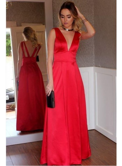 2022 Cheap A Line Red Deep V Neck Satin Floor Length Backless Prom Dresses