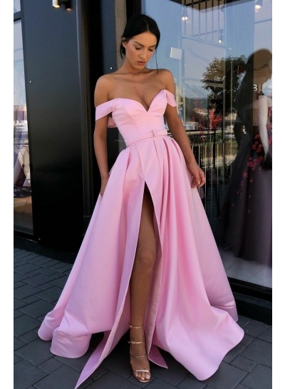 2022 Charming A Line Pink Off Shoulder Satin Sweetheart Side Slit Prom Dresses