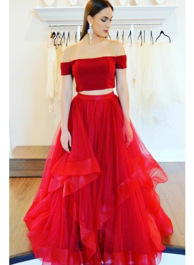 2022 New Designer A Line Red Two Pieces Tulle Off Shoulder Ruffles Prom Dresses