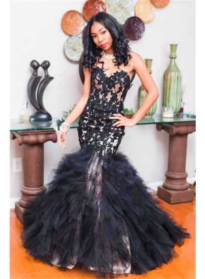 2022 Sexy Black Mermaid  Sweetheart Ruffles Prom Dresses With Appliques