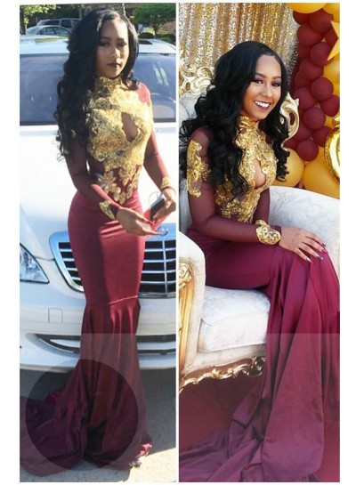 2022 Charming Mermaid  Burgundy And Gold Appliques Long Sleeves High Neck Key Hole Long African American Prom Dresses