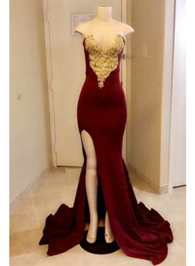 Charming Burgundy And Gold Appliques Sheath Sweetheart Side Slit Long Prom Dresses 2022