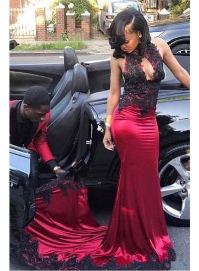 Sexy Burgundy and Black Appliques Elastic Satin Sheath Key Hole High Neck African American Prom Dresses 2022