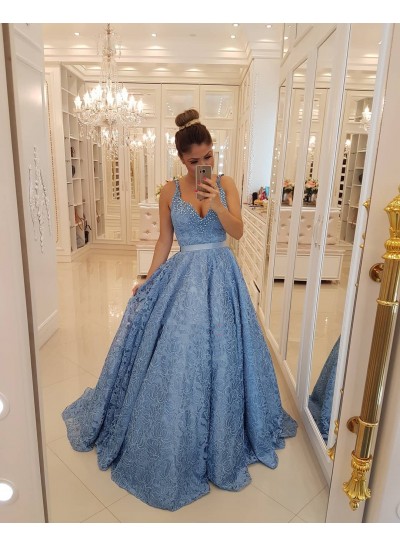 2022 New Arrival A Line Lace Sweetheart Blue Long Prom Dresses