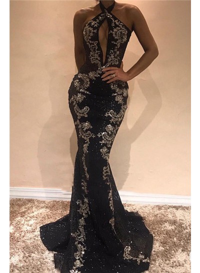 2022 Sexy Black and Silver Appliques Halter Backless Tulle African American Prom Dresses