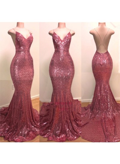 2022 Sexy Pink Sweetheart Backless Sequence Mermaid  Prom Dresses