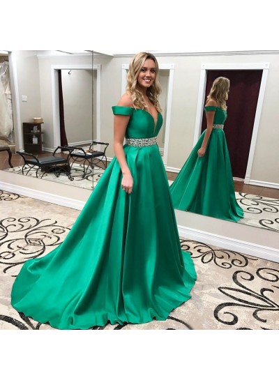 2022 Elegant A Line Satin Off Shoulder Beaded Sash Sweetheart Emerald Long Prom Dresses